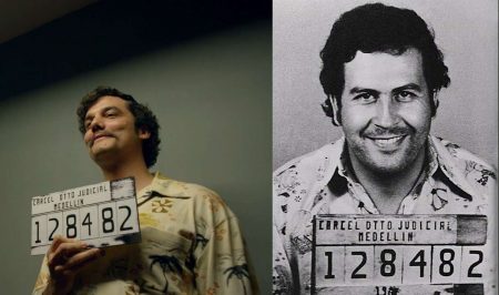 Figure 2: Pablo Emilio Escobar Gaviria: Narcos' version (Wagner Moura, left) vs. police archive mugshot (right)