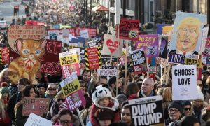 An estimated 100,000 people assembled at the 20 January 2018 Women’s March in London to protest the one-year anniversary of Donald Trump’s presidency