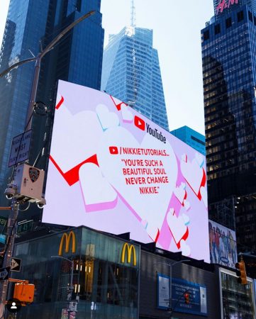 Image 2: YouTube’s ‘LoveNote’ for NikkieTutorials, Times Square screen on Valentine’s Day. Source: YouTube on Instagram, February 14, 2020